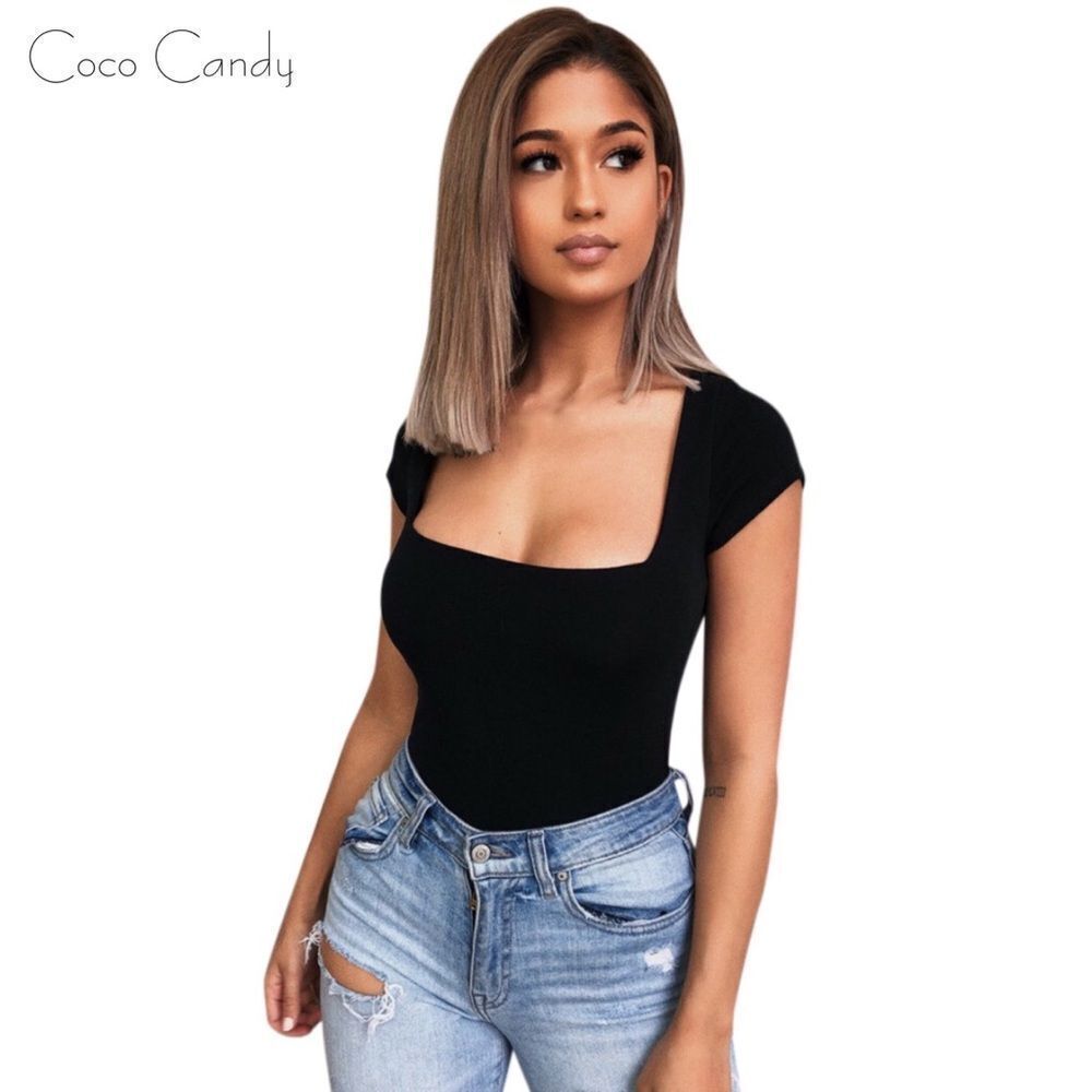 🔃Square Collar Black Short Sleeve Bodysuit